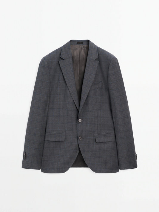 Blue Pure Wool check grey suit blazer